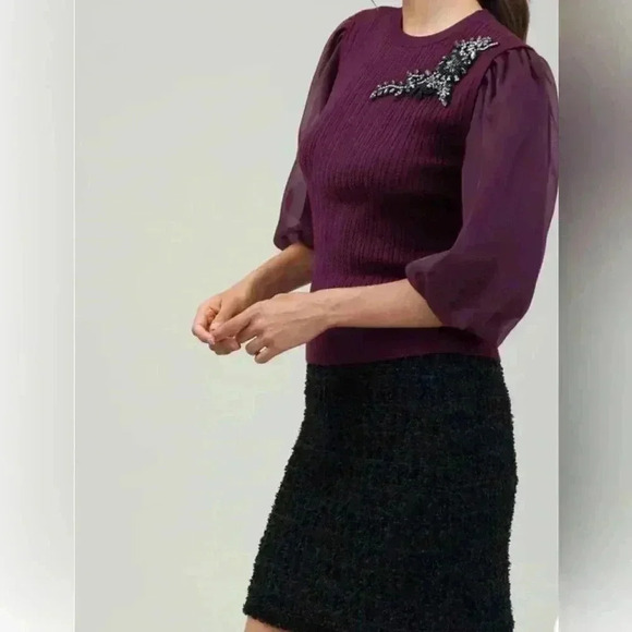 Organza sleeve Women's combo burgundy sweater size L - Picture 4 of 9